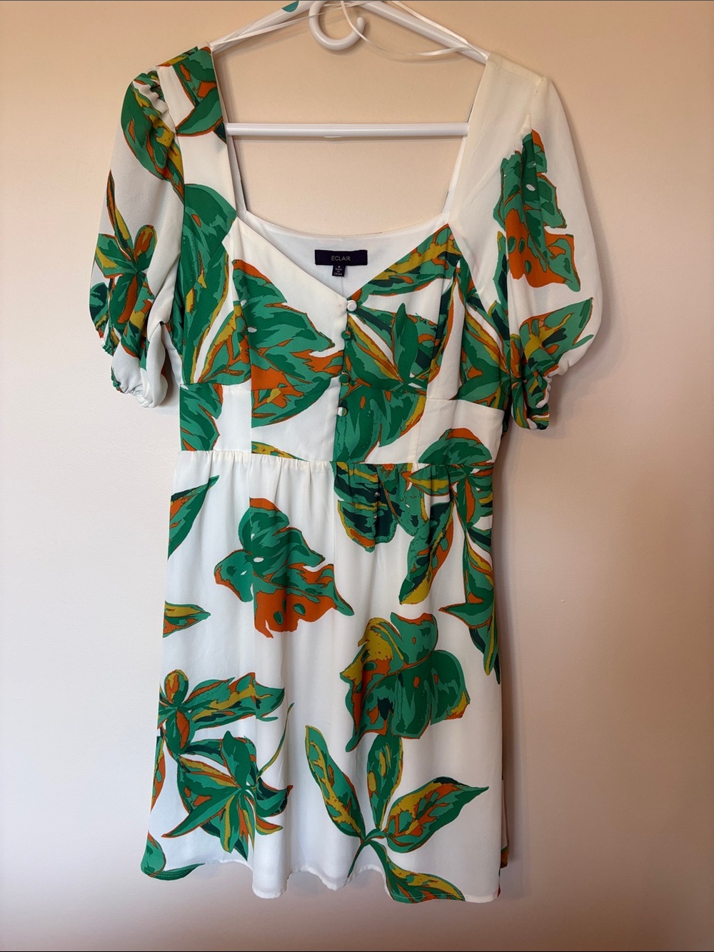 Eloise Floral Square-Neck Mini Dress in White with Green & Orange Print